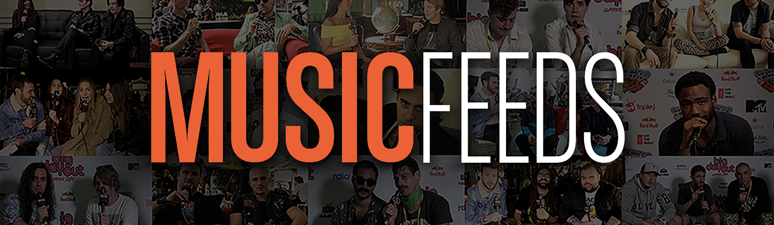Music Feeds wordmark over a collage of interviewees